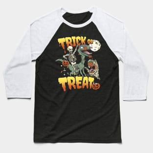 Skeleton Riding Zombie Dinosaur Trick or Treat Halloween Baseball T-Shirt